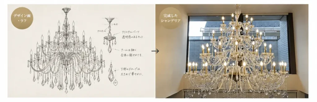 吹き抜け空間に合わせたオーダーメイドシャンデリアのデザインイメージ