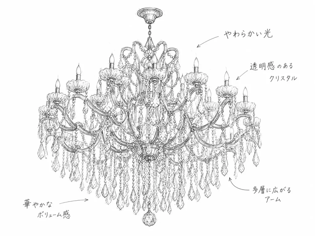 オーダーメイドシャンデリアの製作前に作成する多灯クリスタルシャンデリアのデザインラフ画