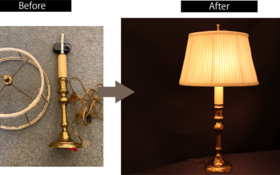 河原郁子NY・シャンデリア東京で実際にランプ修復・ランプシェード張替えを行った海外製ランプの修復前と修復後完成の画像